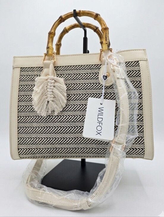 Wildfox Handbags - NWT Wildfox Stripe Straw Tote Satchel Crossbody Bag Cream Black OS